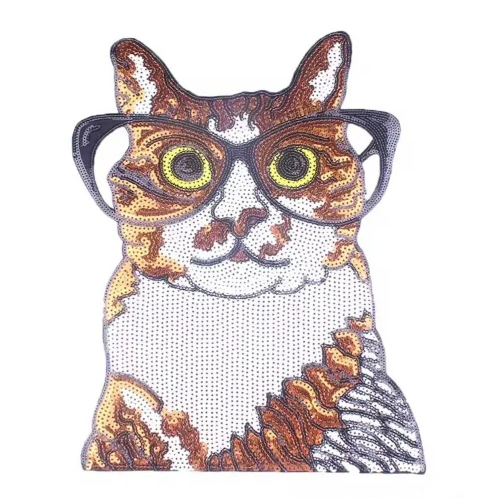 Large Sequin Geeky Orange Cat Applique Sew-On 12" x 10"